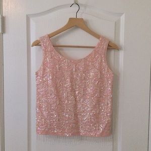 Vintage 1960s Hand Beaded Sequin Top Pink Sz S